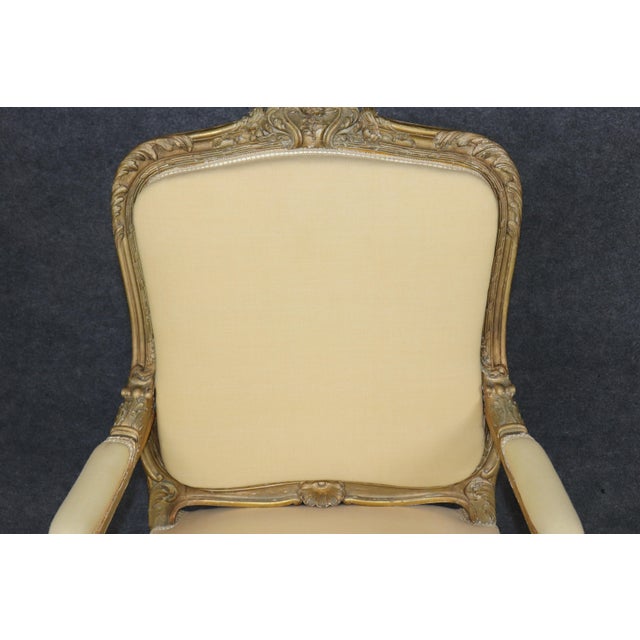 19th C Pair French Louis XV Yellow Carved Giltwood Armchairs For Sale - Image 15 of 17