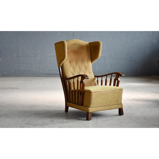 Mid-Century Modern Danish Modern 1950s Highback Lounge Wing Chair With Wooden Armrests For Sale - Image 3 of 8