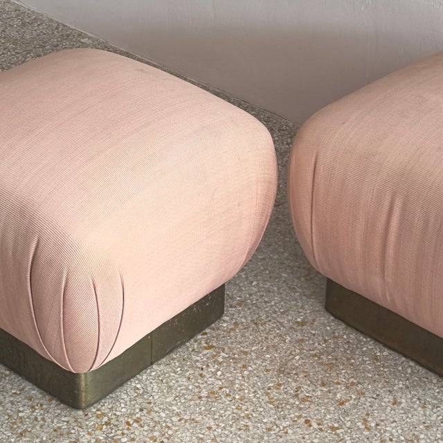 Blush-Upholstered Brass-Based Soufflé Ottoman Poufs by Marge Carson Circa 1986 - A Pair For Sale In Miami - Image 6 of 12
