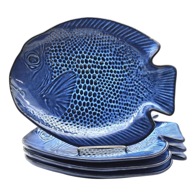 Vintage Kotobuki Japan Azure Blue Glazed Fish-Form Plates, Set of 4 For Sale