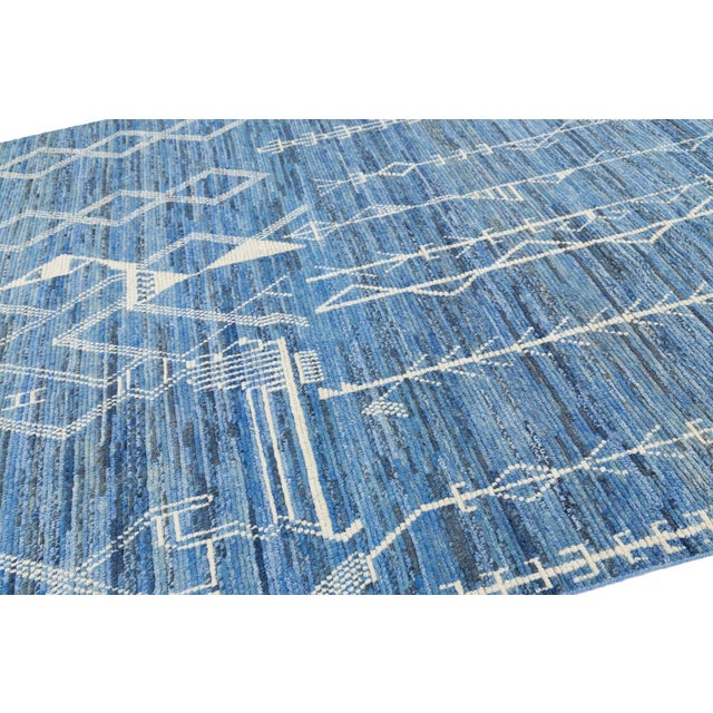 8 X 10 Contemporary Moroccan Style Wool Rug in Blue With Grometric Motifs For Sale In New York - Image 6 of 11