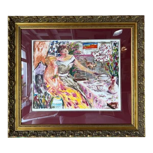 Vintage Two Woman Sitting at Table Oil Painting, Signed
