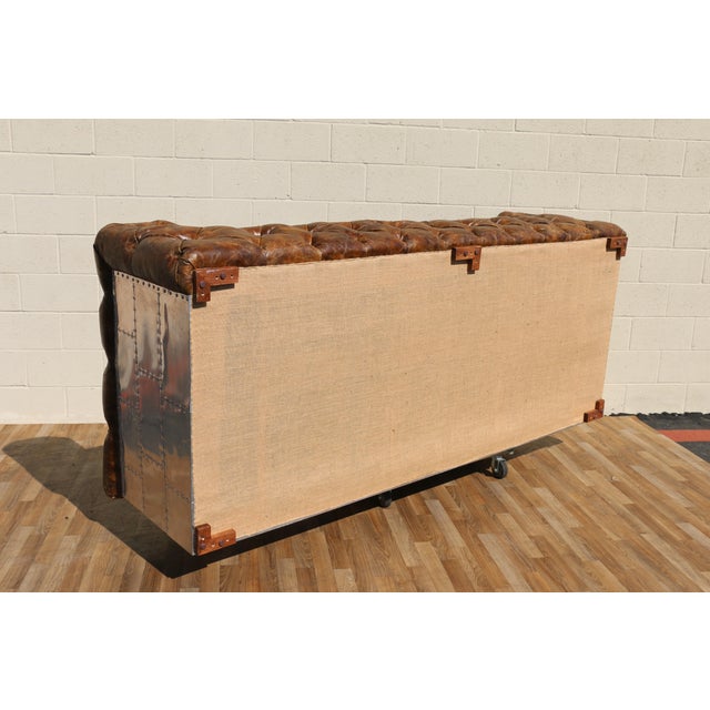 Industrial Aviator Chesterfield Sofa in Distressed Brown Leather & Riveted Aluminum Panels For Sale - Image 17 of 18