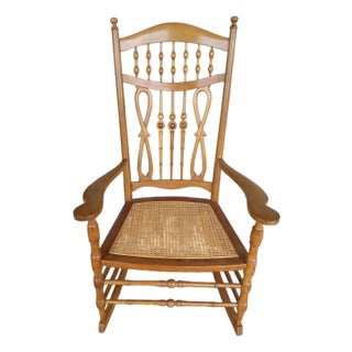 Vintage Spindle Back Rocking Chair with Woven Cane Seat For Sale