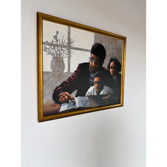 Beautiful vintage figurative painting depicting an intimate African family moment, signed “Matthew” in the lower corner....