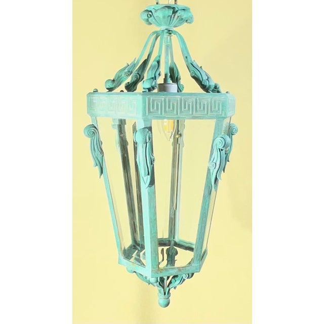 Metal Vintage Neoclassical Verdigris Lantern – Greek Key Detail – Restored & Rewired For Sale - Image 7 of 15