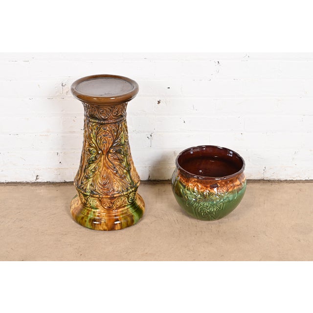 1940s Roseville Pottery Glazed Ceramic Jardiniere With Pedestal Stand, Circa 1940s For Sale - Image 5 of 12