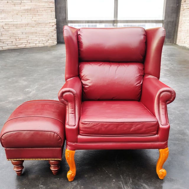 1990s Classic Leather Wingback Chair and Ottoman Set For Sale - Image 5 of 7