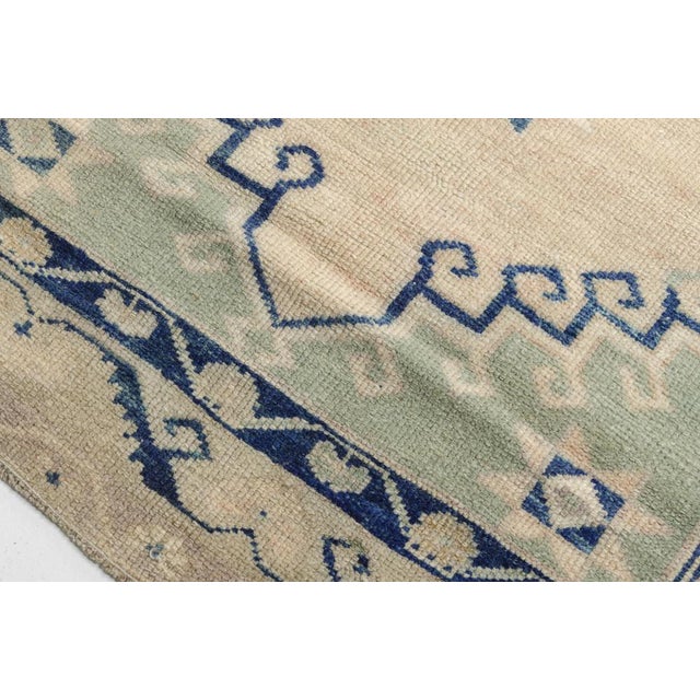 Handmade Beige and Blue Oushak Wool Runner Rug, in Flawless conditions. Designed 1960 to 1969