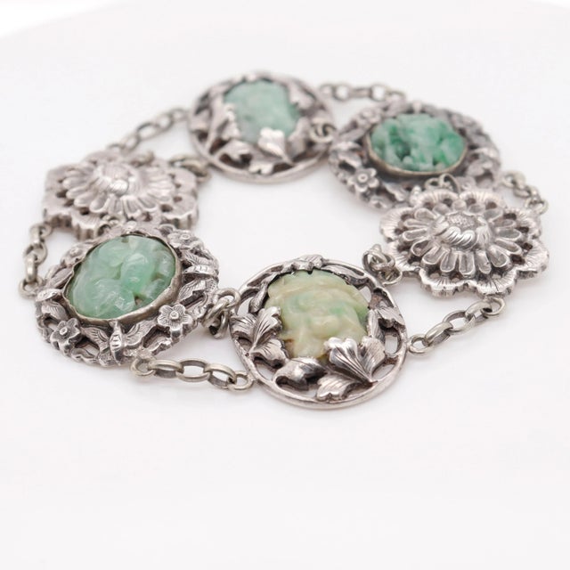 Vintage Signed Art Deco Chinese Sterling Silver & Jadeite Bracelet For Sale In Philadelphia - Image 6 of 12
