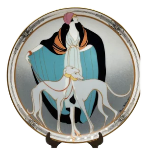 1990s "A Flapper W Greyhounds" Art Deco Style Ceramic Decorative Plate by Ws George