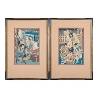 19th Century Custom Framed Utagawa Kunisada Signed Japanese Woodblock Prints—A Pair For Sale