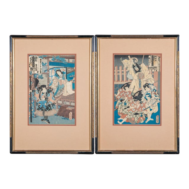 19th Century Custom Framed Utagawa Kunisada Signed Japanese Woodblock Prints—A Pair For Sale