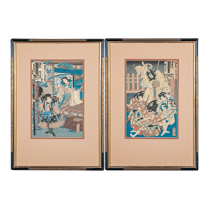 19th Century Custom Framed Utagawa Kunisada Signed Japanese Woodblock Prints—A Pair