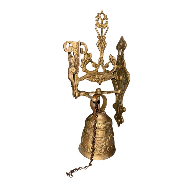 1900-1909 Brass Monastery Wall Mounted Bell With Latin, an Angel, and Dragons For Sale - Image 4 of 8