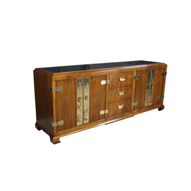 Campaign Mid-Century Fancher Chinoiserie Campaign Walnut Smoked Glass Buffet Credenza MCM For Sale - Image 3 of 18