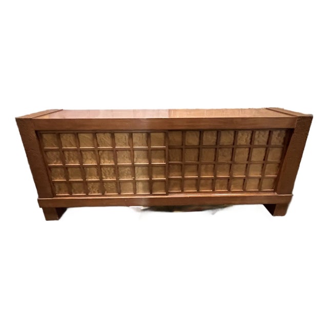 1980s Berman Rosetti Sunset Console in Walnut With Sliding Doors and Storage For Sale