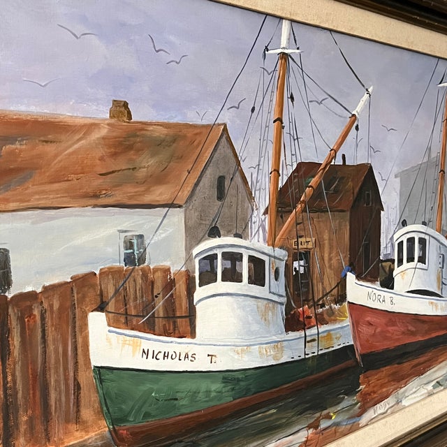 Mid-Century Modern Mid Century California Harbor View/Boats Oil Painting. Signed For Sale - Image 3 of 6