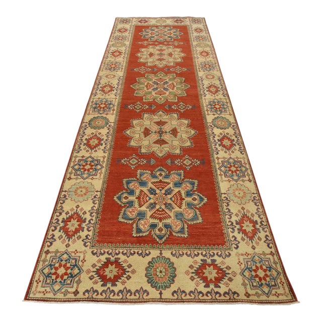 Kazak Runner 4’11” X 13′ Red Wool Tribal Hand-Knotted Oriental Carpet For Sale