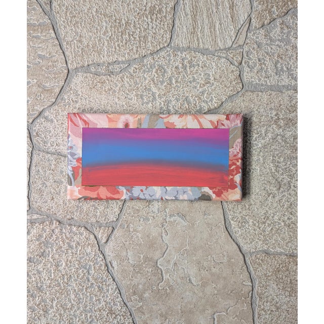 12" x 6" Acrylic on vintage textile. A small painting of fuchsia pink blended with blue and coral painted on a vintage...