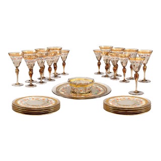 Set for Ten Venetian Gilt-Heightened Enamel Glasses W Plates & Bowls. E. 20th C. For Sale