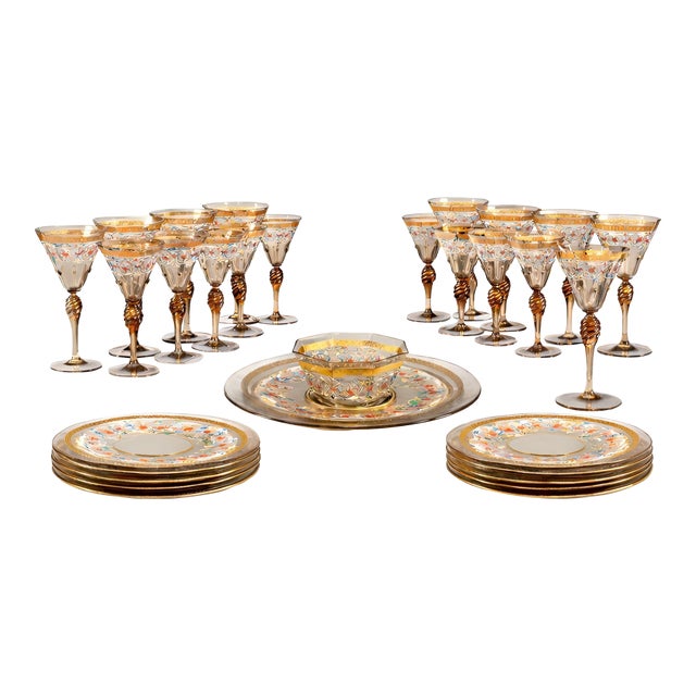 Set for Ten Venetian Gilt-Heightened Enamel Glasses W Plates & Bowls. E. 20th C. For Sale