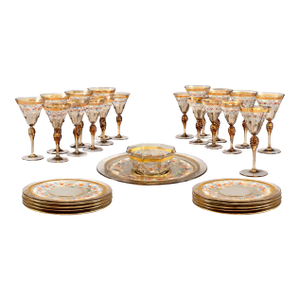 Set for Ten Venetian Gilt-Heightened Enamel Glasses W Plates & Bowls. E. 20th C.