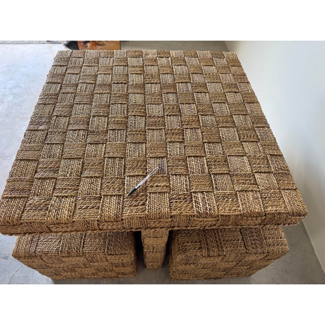Vintage Coastal Organic Boho Chic Handwoven Seagrass Dining Table With 4 Stools – Set of 5 For Sale - Image 10 of 12
