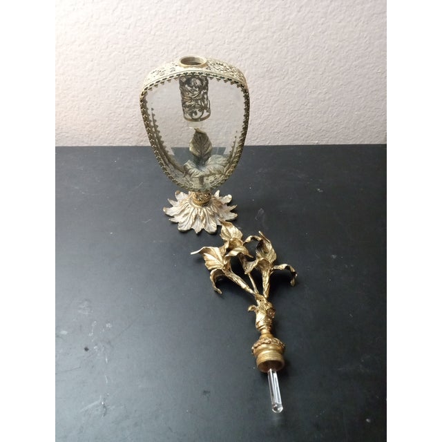 RARE HOLLYWOOD REGENCY 11" Ormolu Leaf and Beveled Glass Iris Perfume Bottle. This Hollywood Regency perfume bottle...