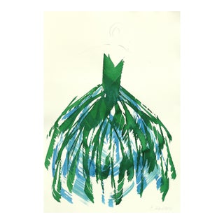 The Blue Green Dress 1 - Abstract Minimalist Figurative Ink Painting on Paper by Bettina Mauel For Sale