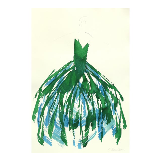 The Blue Green Dress 1 - Abstract Minimalist Figurative Ink Painting on Paper by Bettina Mauel For Sale