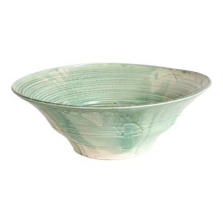 Large Celadon Glazed Ceramic Bowl With Incised Abstract Decoration For Sale