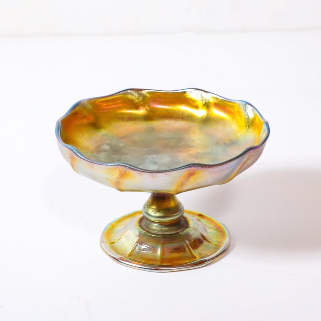 Glass Art Nouveau Iridescent Yellow Blue Favrile Glass Footed Dish Signed Tiffany & Co For Sale - Image 7 of 17