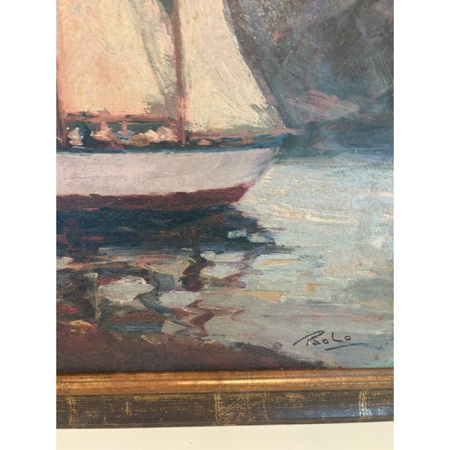 Blue Vintage Coastal Sailboat Wall Art Giclee on Board in Gilt Faux Bamboo Frame For Sale - Image 8 of 13