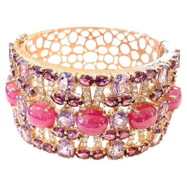 Bochic “Capri” Ruby & Multi Color Gem & Amethyst Cuff Set In 18K Gold & Silver For Sale