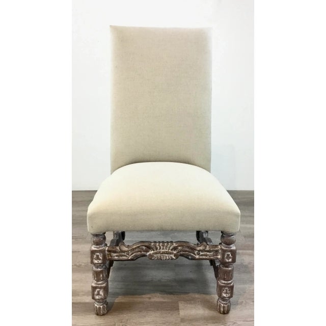 Original Retail $ 5600, stylish Transitional High Back Carved Wood Beige Linen Dining Chairs Set of Four, bronze nailhead...