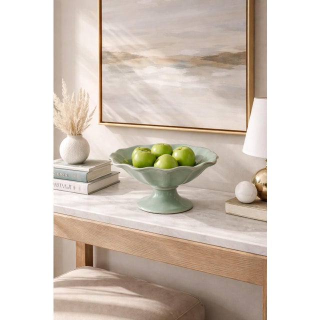 Vintage Mid-Century Celadon Scalloped Pedestal Compote Bowl — Console Centerpiece For Sale - Image 4 of 12