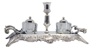 Silver and Glass Inkwell with Silver Lids and Embossed Side Handles