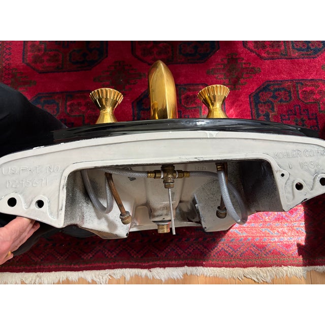 Metal Vintage 80s Kohler Black Gold Pedestal Sink K-2124 With Faucet For Sale - Image 7 of 12