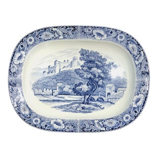 Mid 20th Century Large Blue & White Delft Transferware Serving Platter – Castle Landscape For Sale
