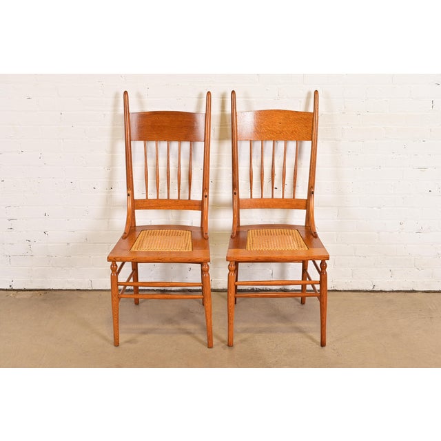 American Limbert Style Antique Arts & Crafts Carved Oak Cane Seat Spindle Back Side Chairs or Dining Chairs, Pair For Sale - Image 3 of 11