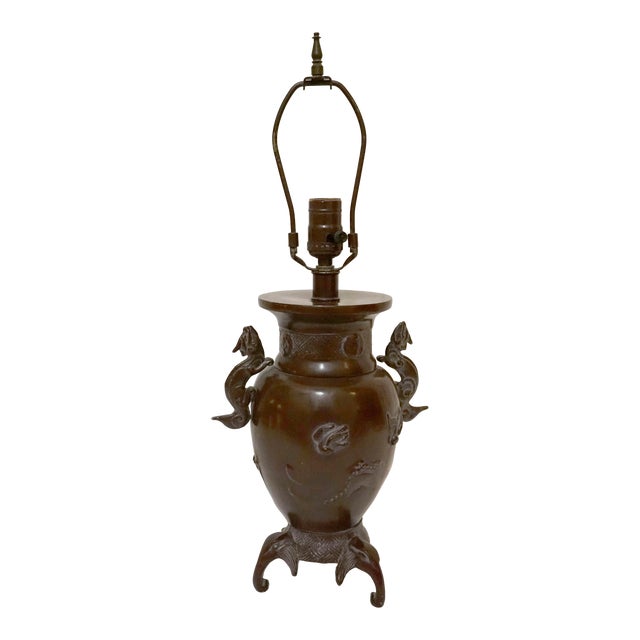 Vintage Patinated Brass Meiji Style Elephant and Dragon Lamp For Sale