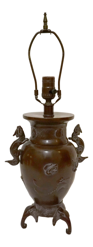 Vintage Patinated Brass Meiji Style Elephant and Dragon Lamp