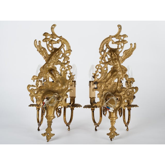 Brass 1950s Spanish Empire Cast Brass Winged Goddess Nike Victory 2-Light Wall Sconces - A Symmetrical Pair For Sale - Image 8 of 12