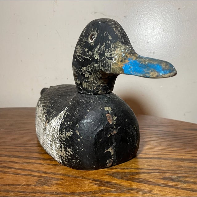 Black Antique 1920s Hand Carved Wood Folk Art Bluebill Drake Duck Decoy Bird Sculpture For Sale - Image 8 of 12