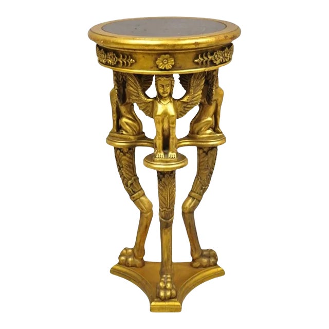 Vintage Egyptian Revivial Giltwood Round Marble Top Figural Pedestal Plant Stand For Sale