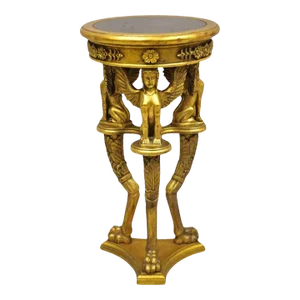 Vintage Egyptian Revivial Giltwood Round Marble Top Figural Pedestal Plant Stand