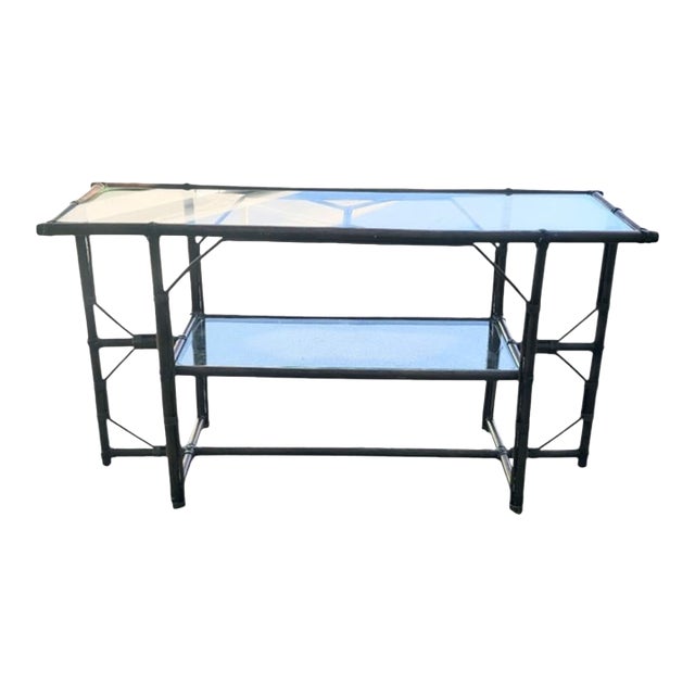 Vintage Dark Brown Rattan Glass 2 Tiered Regency Console Table For Sale