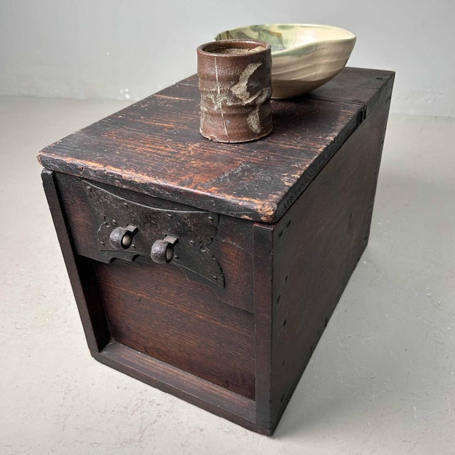 Beautiful wooden offering box Zenibako with metal fittings from the Meiji period, Japan. Dimensions: height 28 cm, width...