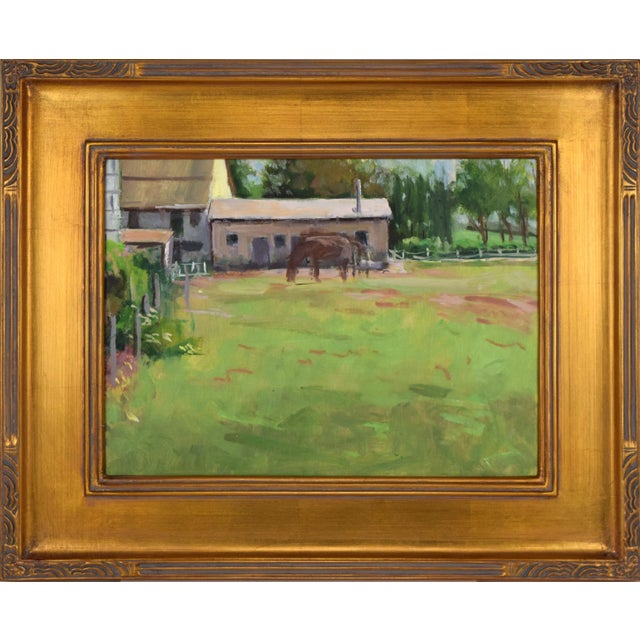 Vintage American Impressionist Landscape Oil Painting With Horse by Harry Barton For Sale